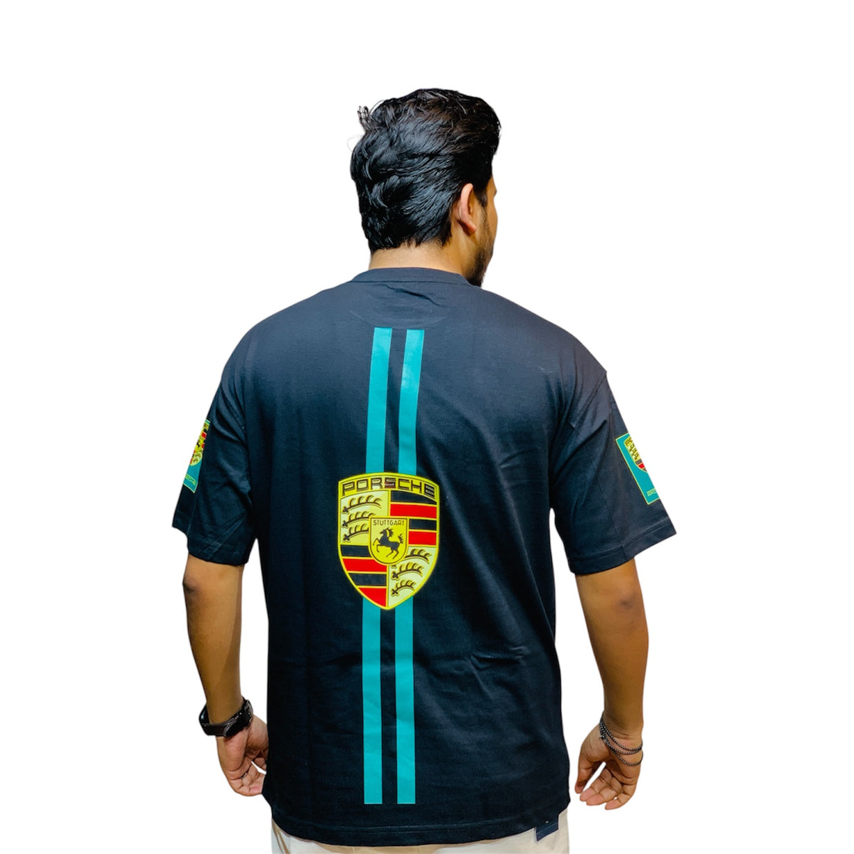 Black Porsche-style printed drop shoulder t-shirt - photo 2 | OutFitT Sylhet
