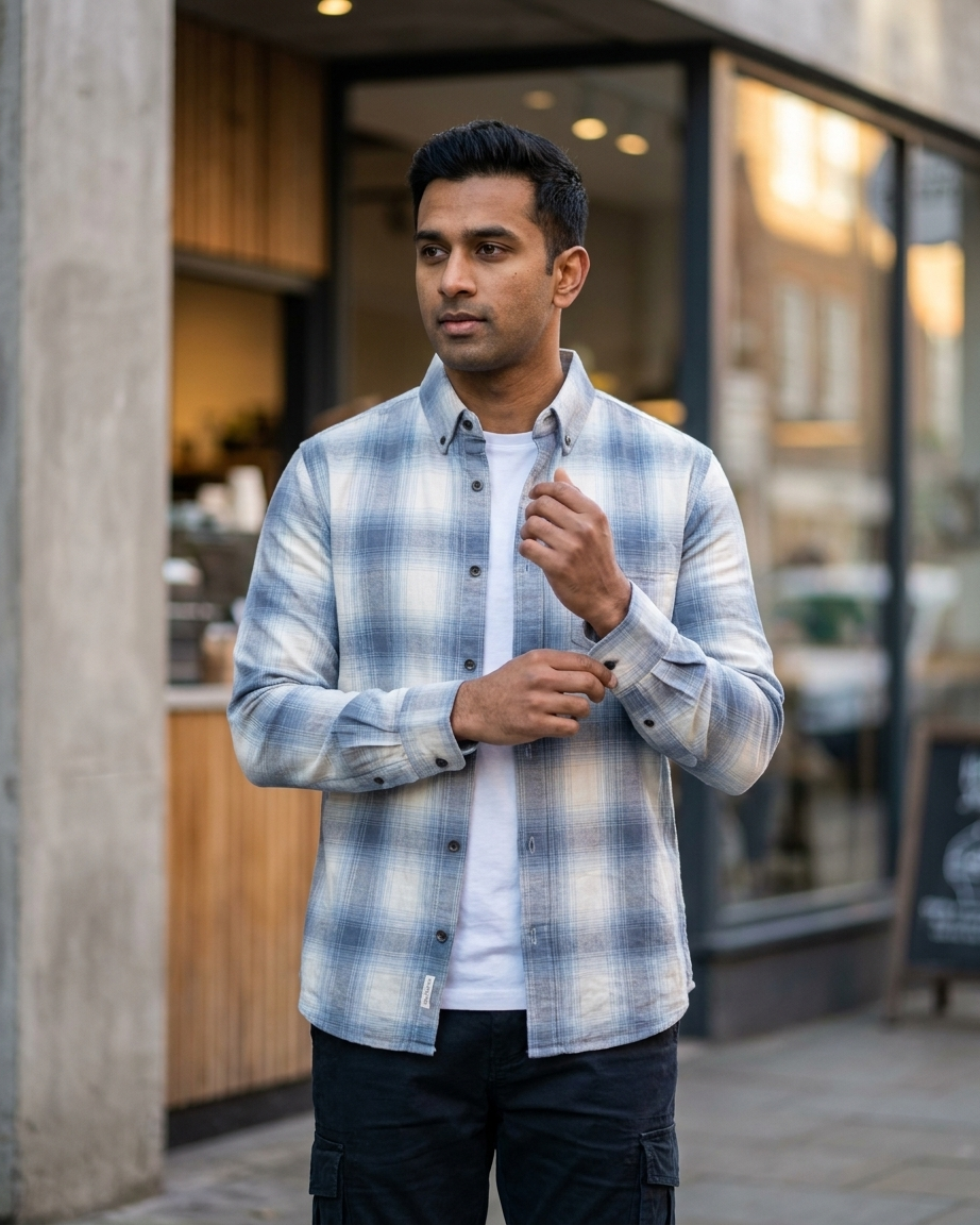 Blue and cream plaid flannel shirt - photo 3 | OutFitT Sylhet