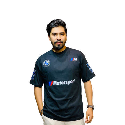 Black motorsport racing printed drop shoulder t-shirt | OutFitT Sylhet