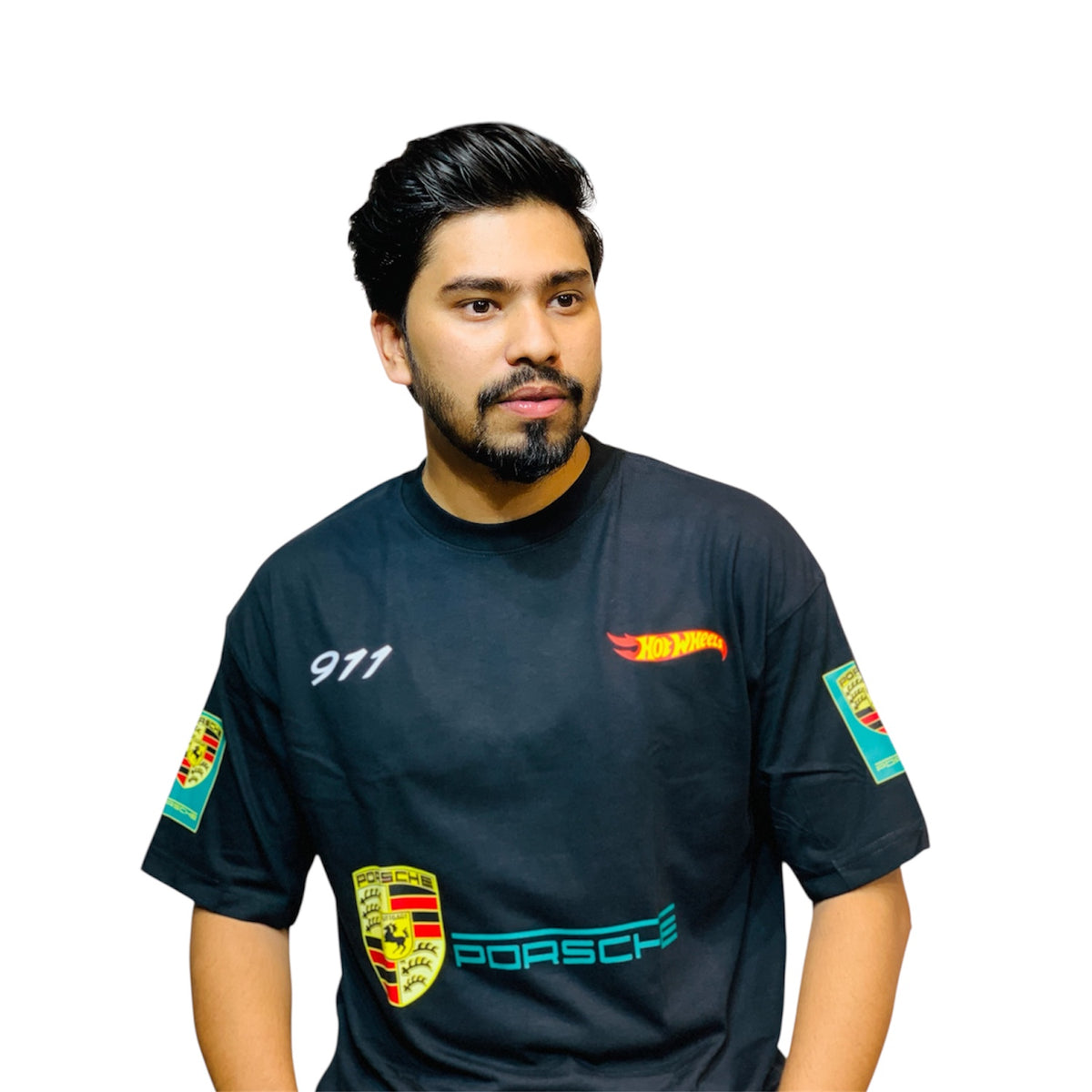 Black Porsche-style sports car printed drop shoulder t-shirt | OutFitT Sylhet
