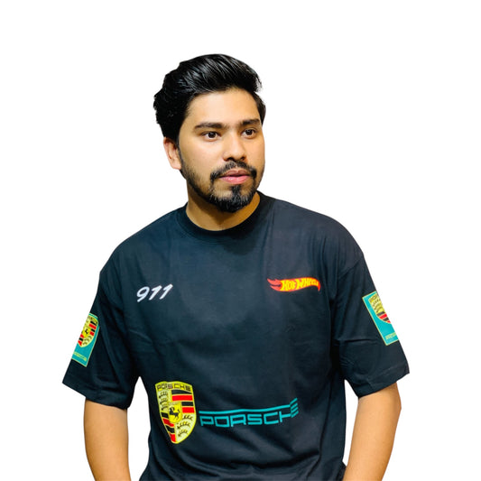 Black Porsche-style sports car printed drop shoulder t-shirt | OutFitT Sylhet