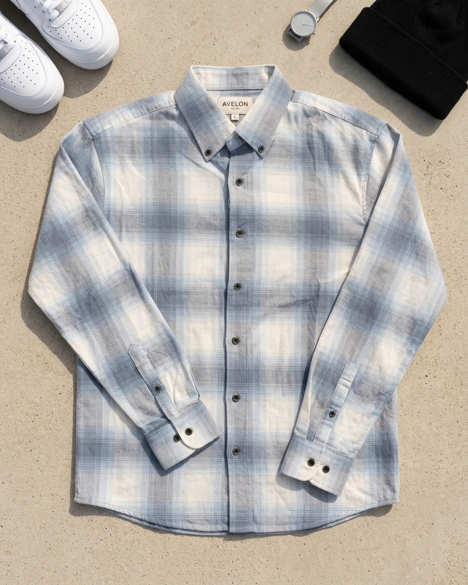 Blue and cream plaid flannel shirt - photo 2 | OutFitT Sylhet
