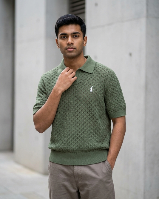 Textured knit polo sweater in olive green for men | OutFitT Sylhet