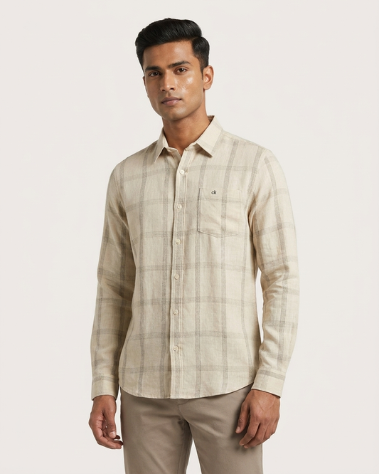 Calvin Klein cream check long sleeve formal shirt for men | OutFitT Sylhet
