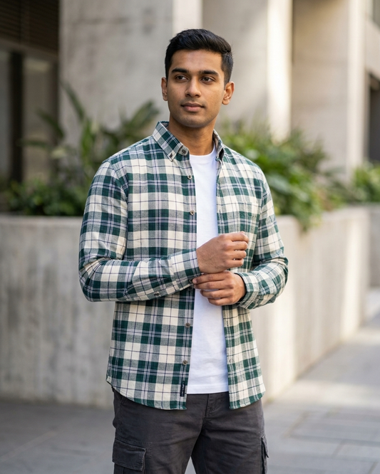 Green and white check plaid shirt for men | OutFitT Sylhet