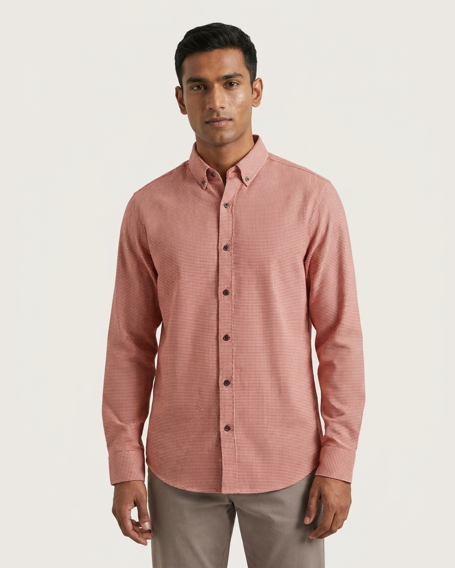 Red and white houndstooth button-down cotton shirt for men | OutFitT Sylhet