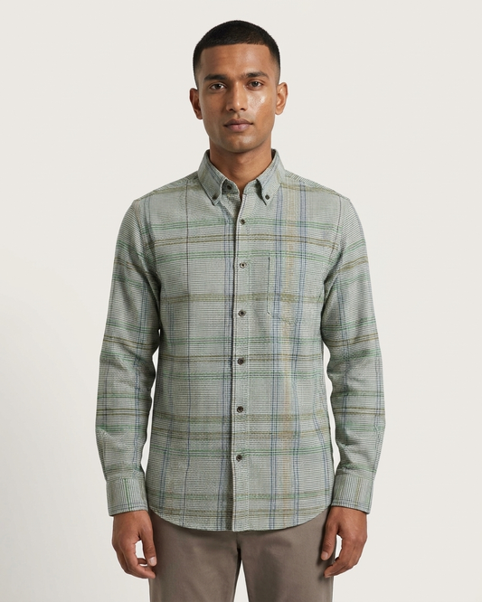Green, blue and brown windowpane plaid shirt for men | OutFitT Sylhet