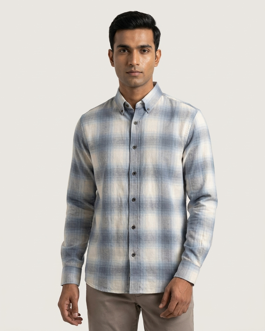 Blue and cream plaid flannel shirt for men | OutFitT Sylhet