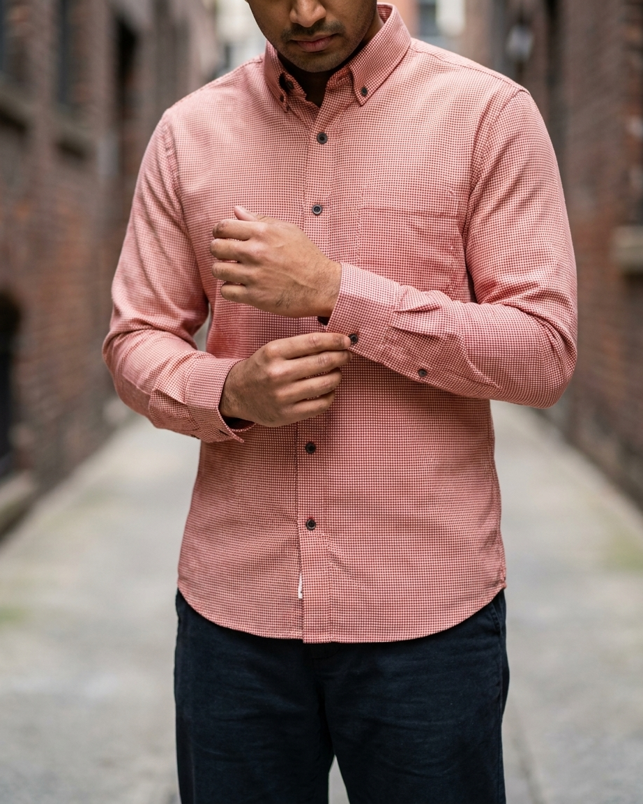 Red and white houndstooth button-down cotton shirt - photo 2 | OutFitT Sylhet