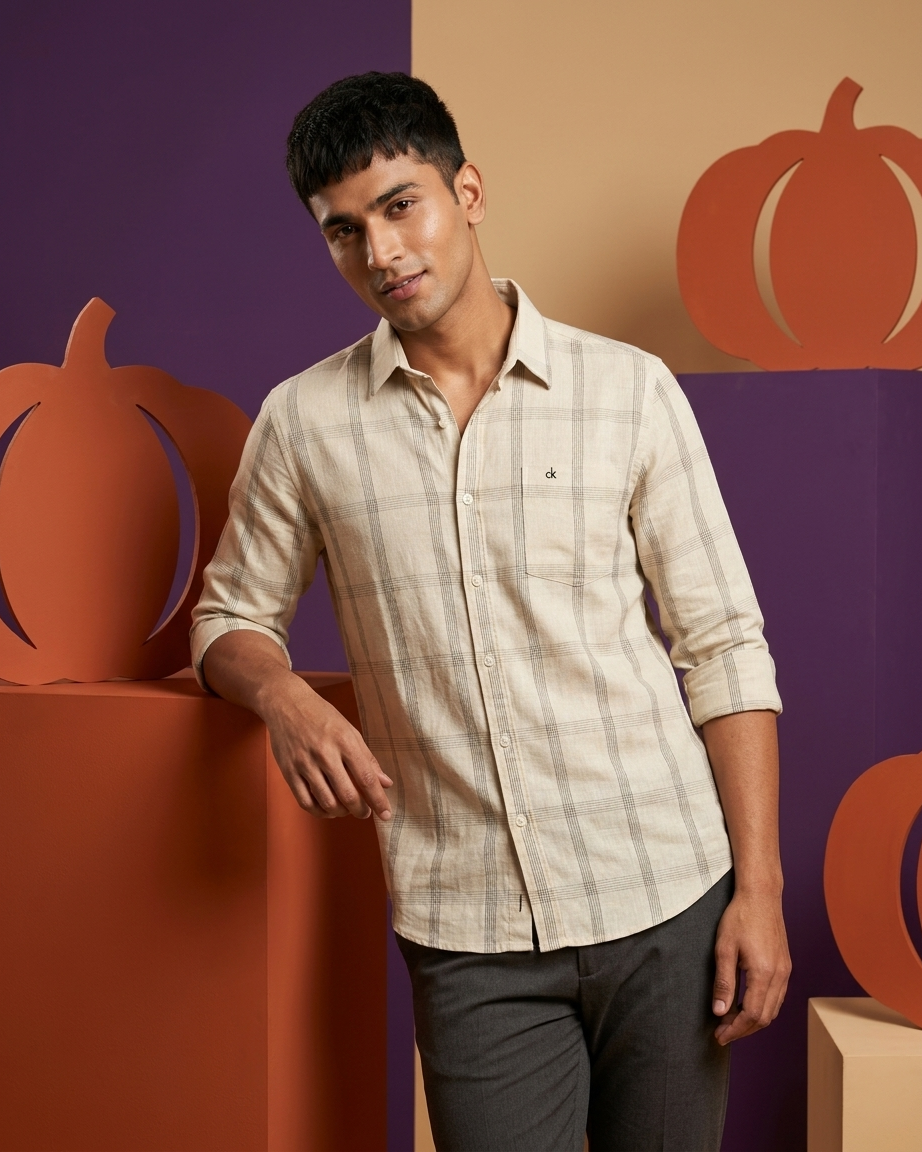 Calvin Klein cream check long sleeve formal shirt - photo 5 | OutFitT Sylhet